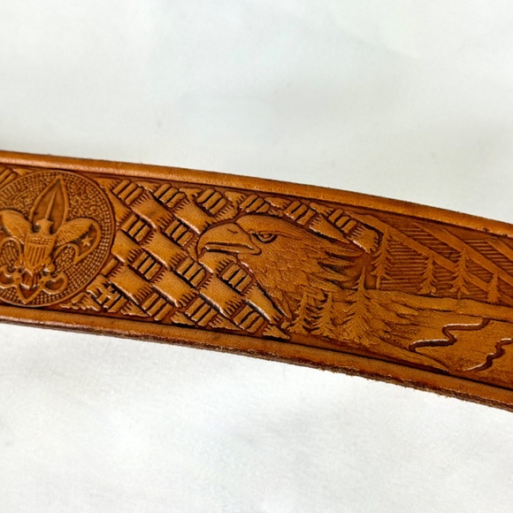 Boy Scouts of America Tooled Brown Leather Belt 34 Eagles Sun Rise Brass Buckle - Picture 6 of 12